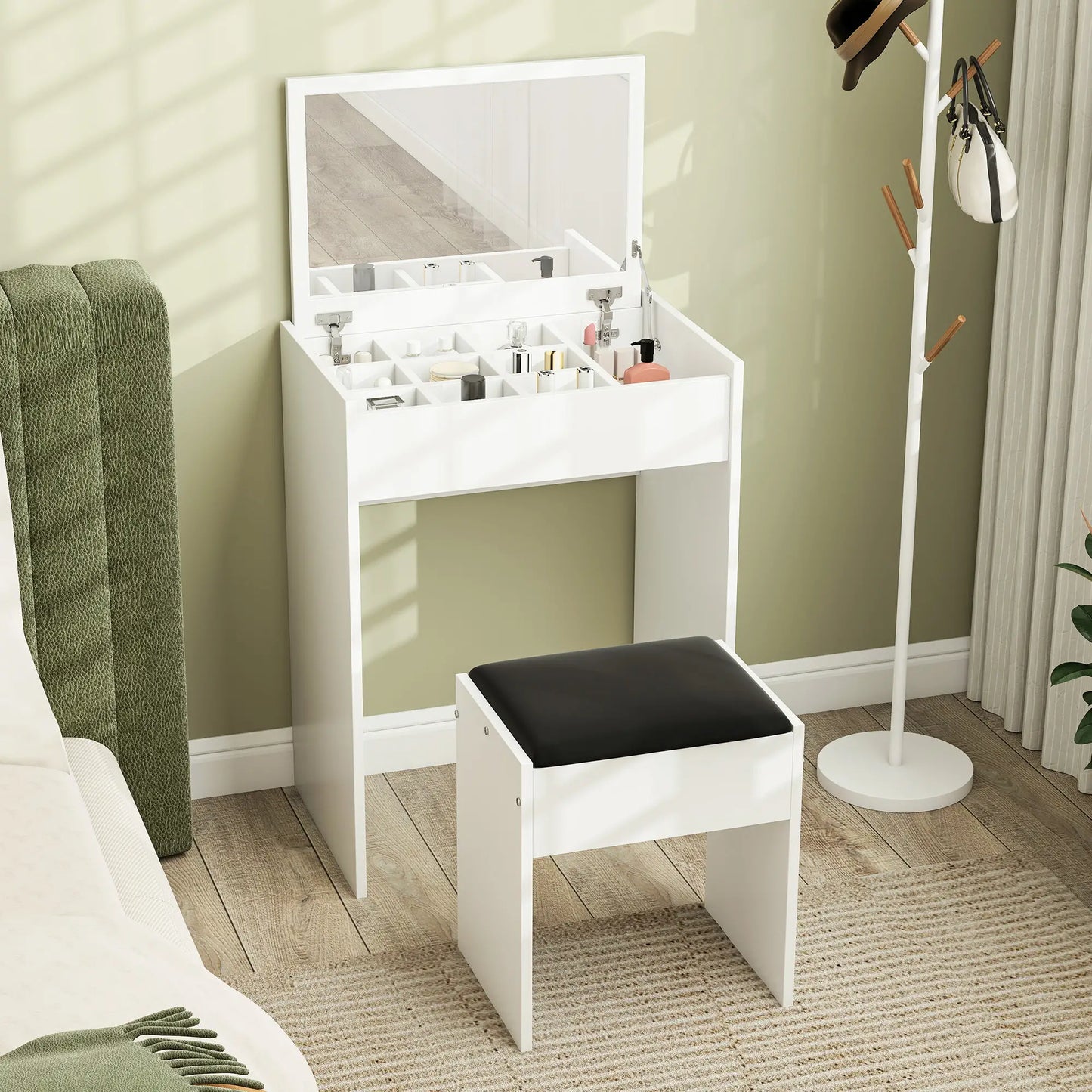 Ensemble de coiffeuse moderne, table de maquillage avec tabouret rembourré, miroir rabattable, blanc
