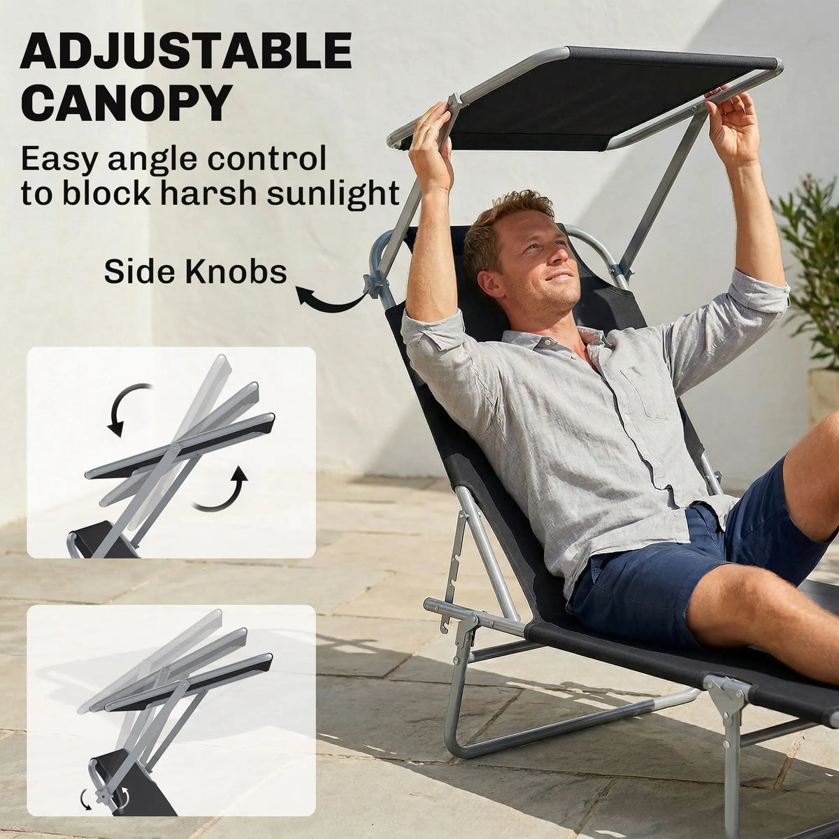 Adjustable Folding Chaise Lounge, Outdoor Tanning Chair with Sun Shade, Black Lounger Chairs at Gallery Canada