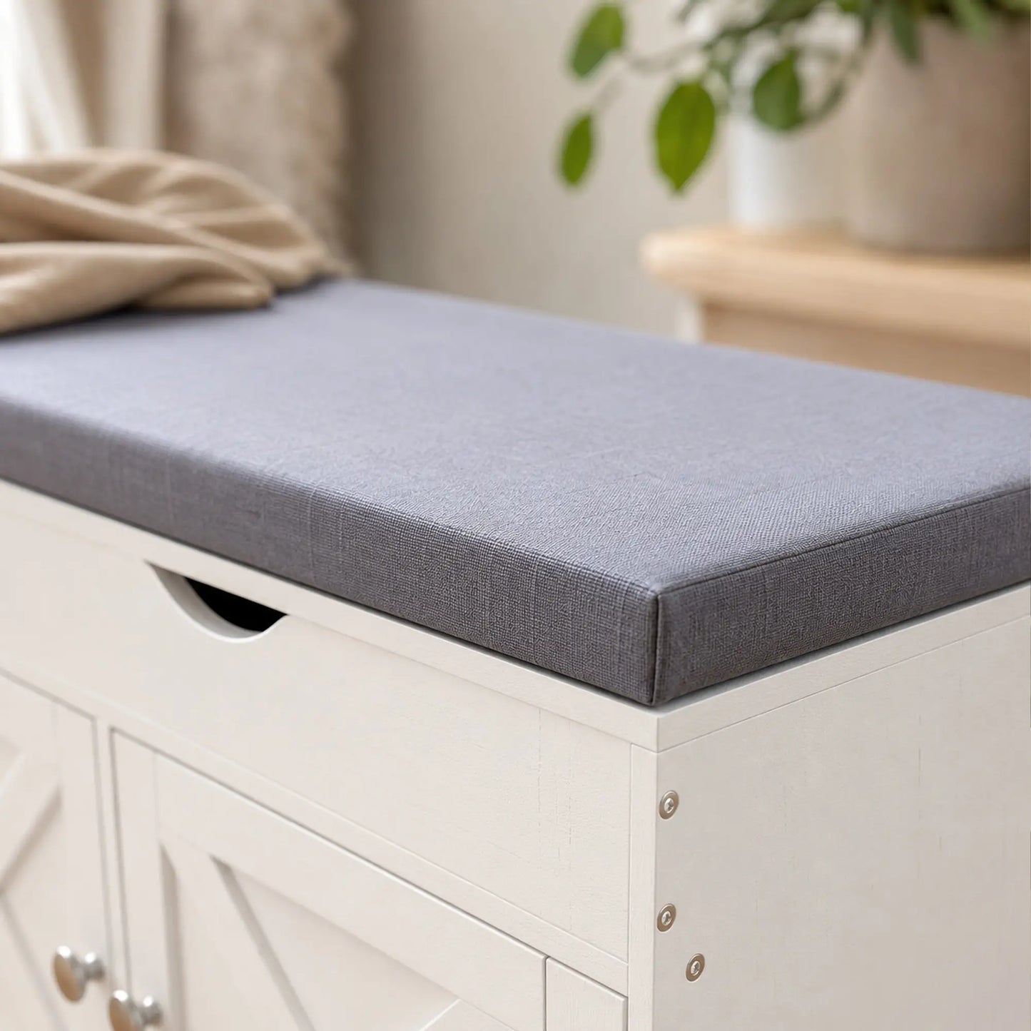 3-Door Shoe Bench with Cushion, Adjustable Shelves, White