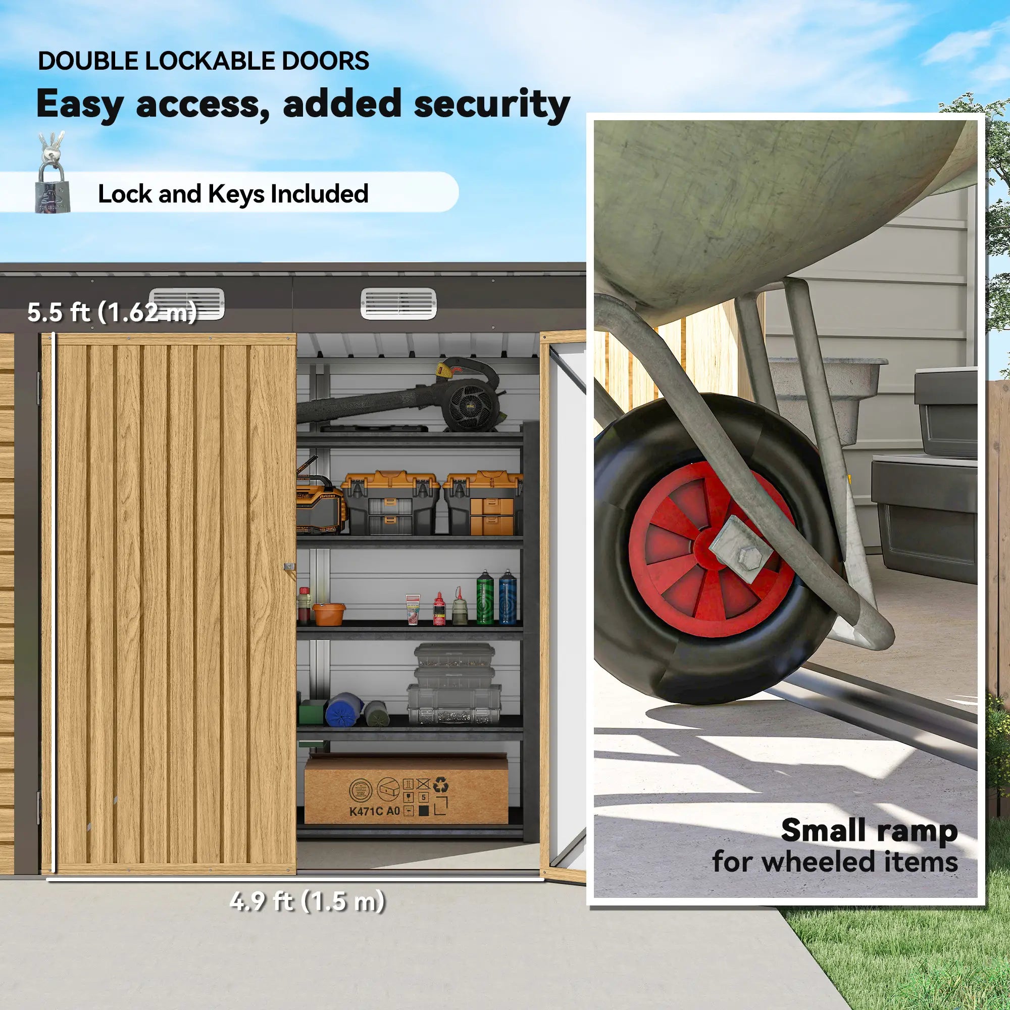 8x4FT Galvanized Metal Garden Storage Shed, Double Doors, 2 Vents, Oak Sheds at Gallery Canada