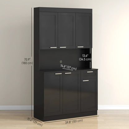 71" Kitchen Pantry Cabinet, Storage Buffet with Hutch, Adjustable Shelves, High Gloss Black, Black Kitchen Pantry Cabinets at Gallery Canada