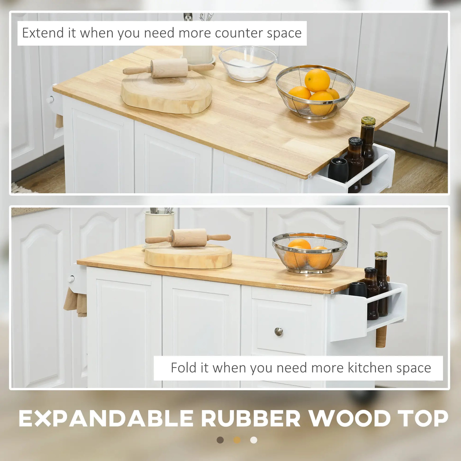 Kitchen Island with Drop Leaf, Rolling Cart, 3 Drawers, White Kitchen Islands & Kitchen Carts at Gallery Canada