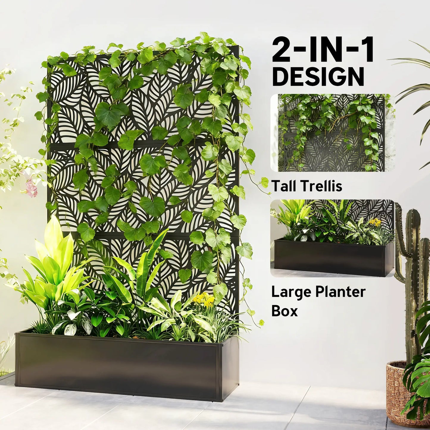 70" Metal Planter Box With Trellis, Raised Garden Bed, Leaves Cut-Out Galvanized Planter Boxes at Gallery Canada