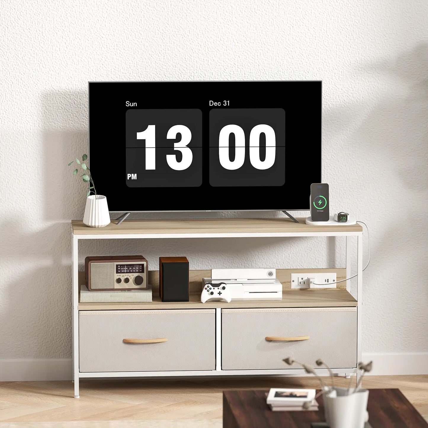 TV Stand With Charging Station, 2 Foldable Drawers, Open Shelf, 47 Inch, Oak TV Stands at Gallery Canada