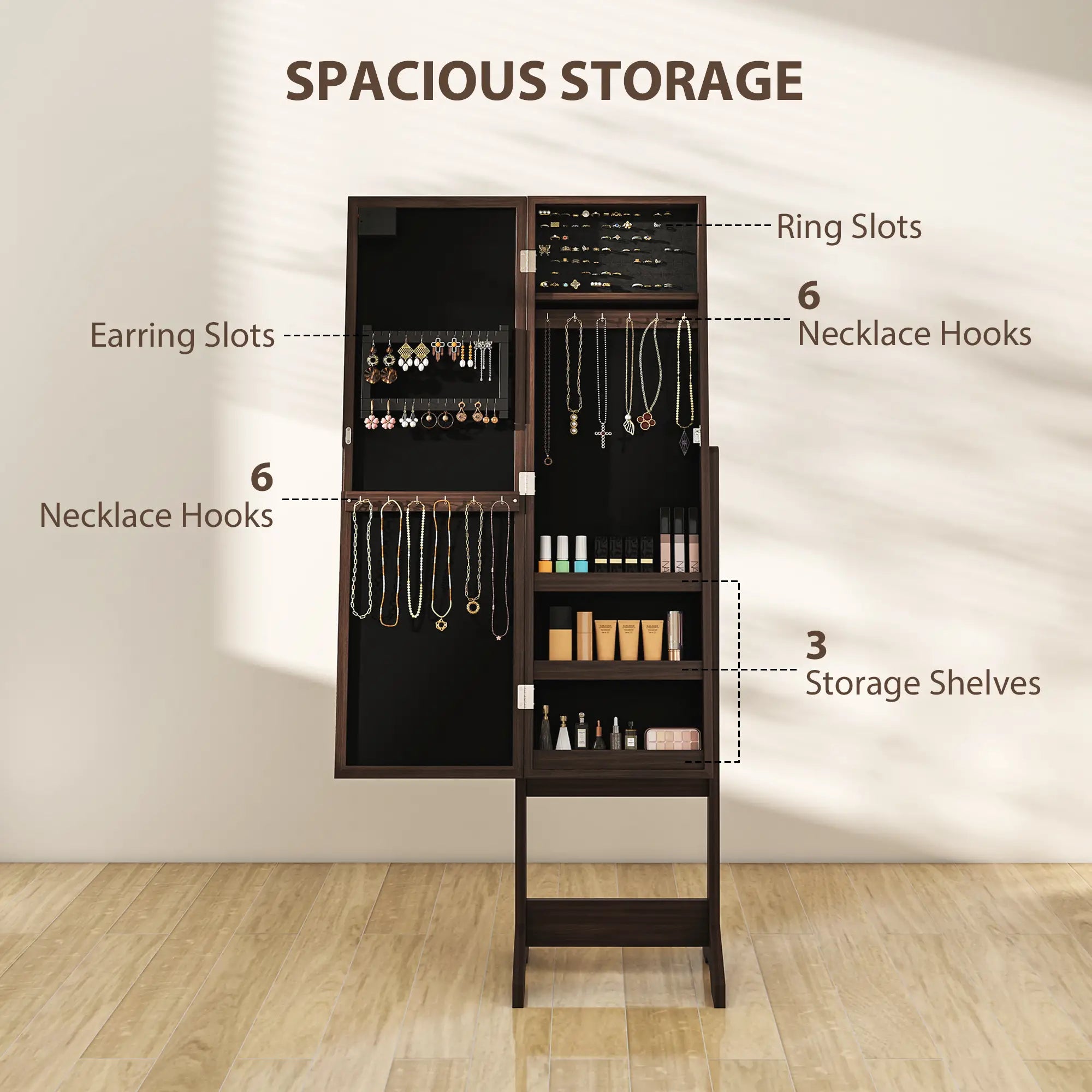 Lighted Mirrored Jewelry Cabinet, Angle Adjustable, 16 LED Lights, Dark Brown Jewellery Armoire & Jewellery Mirror Cabinets at Gallery Canada