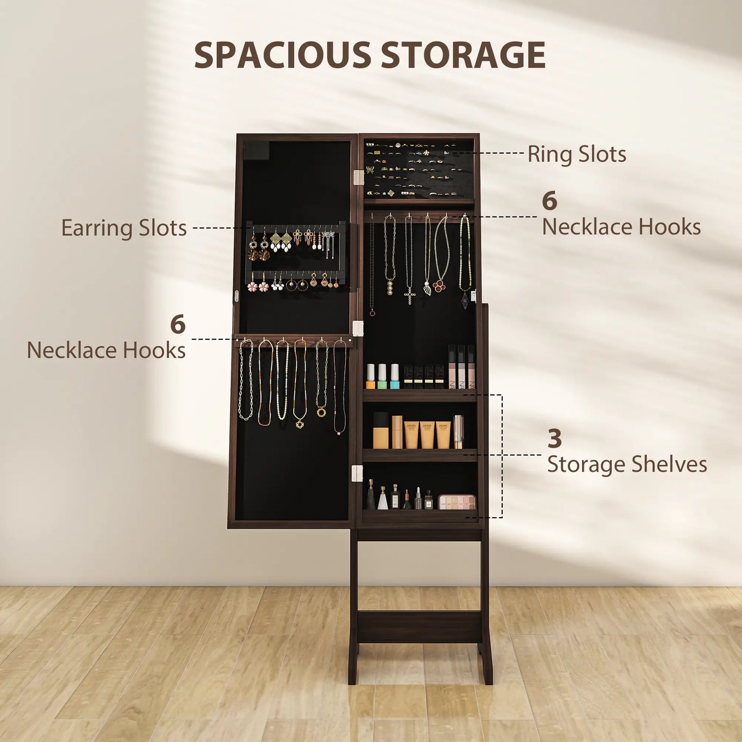 Lighted Mirrored Jewelry Cabinet, Angle Adjustable, 16 LED Lights, Dark Brown Jewellery Armoire & Jewellery Mirror Cabinets at Gallery Canada