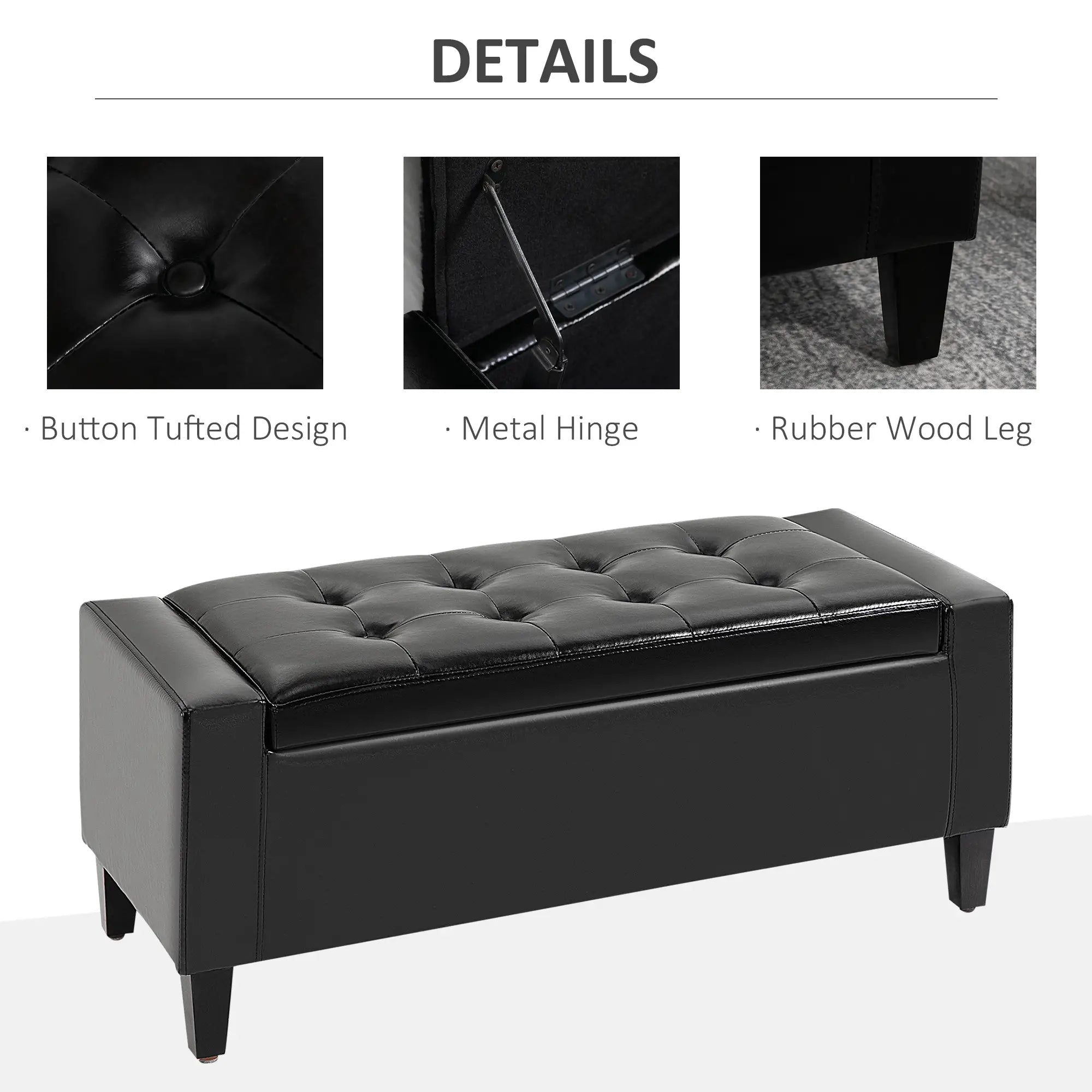 Storage Ottoman Bench, PU Leather Upholstered, Tufted Design, Black Storage Ottomans & Benches at Gallery Canada