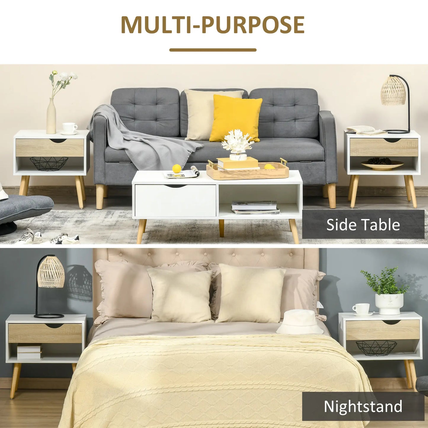 Set of 2 Bedside Tables, Modern Nightstand with Drawer, Shelf, White Bedside Tables at Gallery Canada