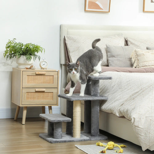 Cat Stairs with 2 Sisal Scratching Posts, Adjustable 3-Tier, Grey