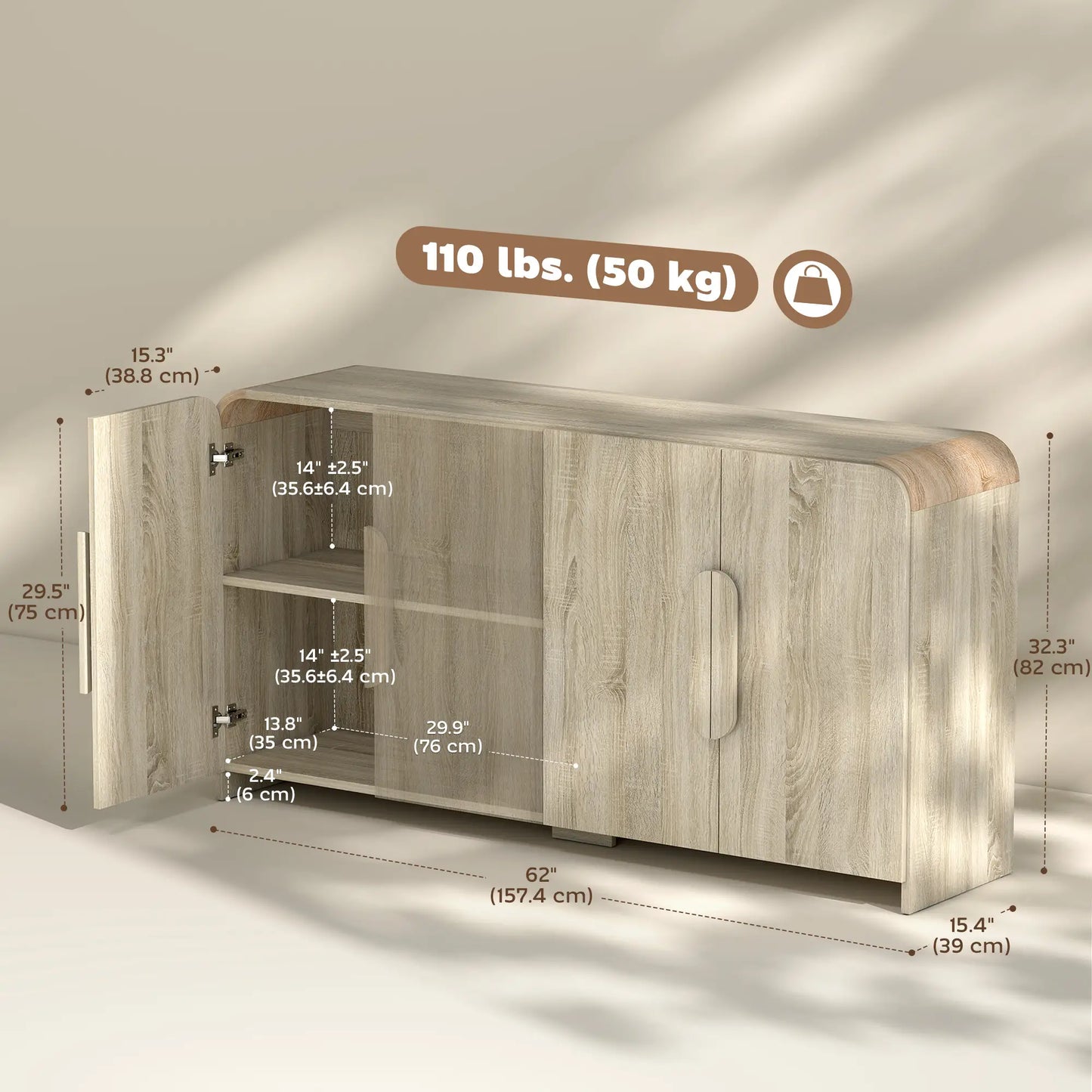 62" Sideboard Buffet Cabinet, Modern Kitchen Storage, Natural Wood