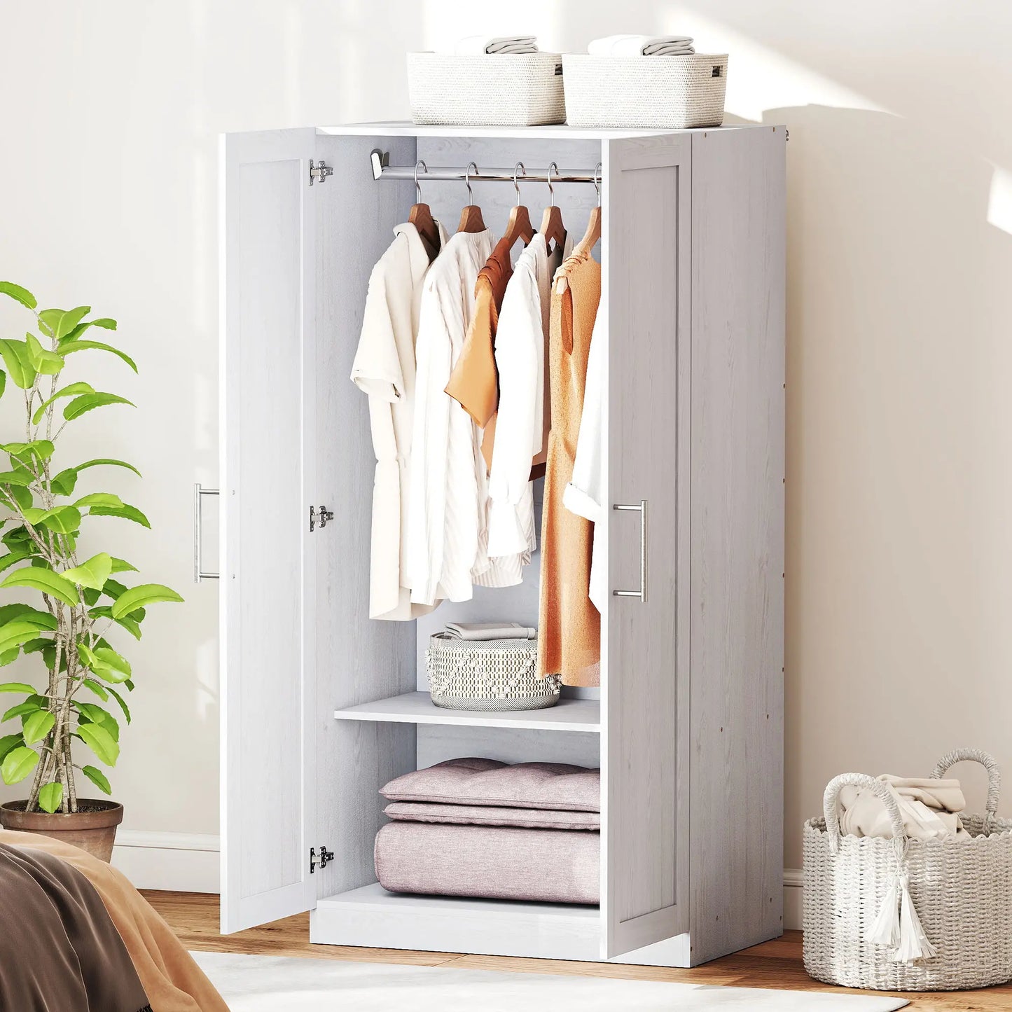 White Wood Effect Wardrobe Cabinet, 2 Doors With Hanging Rod, White Clothing Storage at Gallery Canada