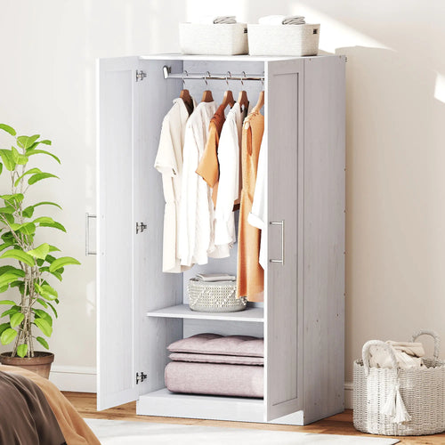 White Wood Effect Wardrobe Cabinet, 2 Doors With Hanging Rod, White