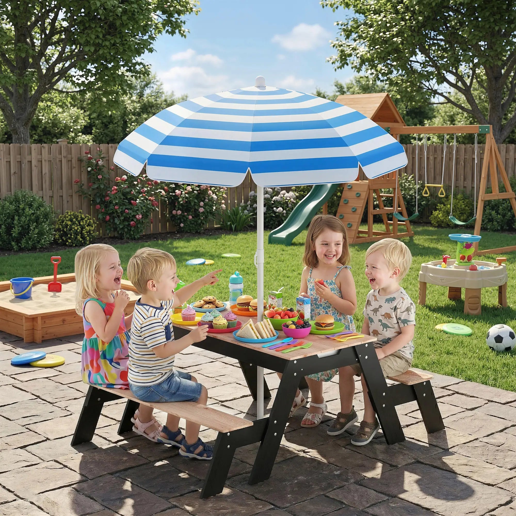 Kids Picnic Table with Umbrella, 3 in 1 Wooden Sand &; Water Table with 2 Hidden Play Boxes for Patio, Ages 3-6 Kids Outdoor Furniture at Gallery Canada