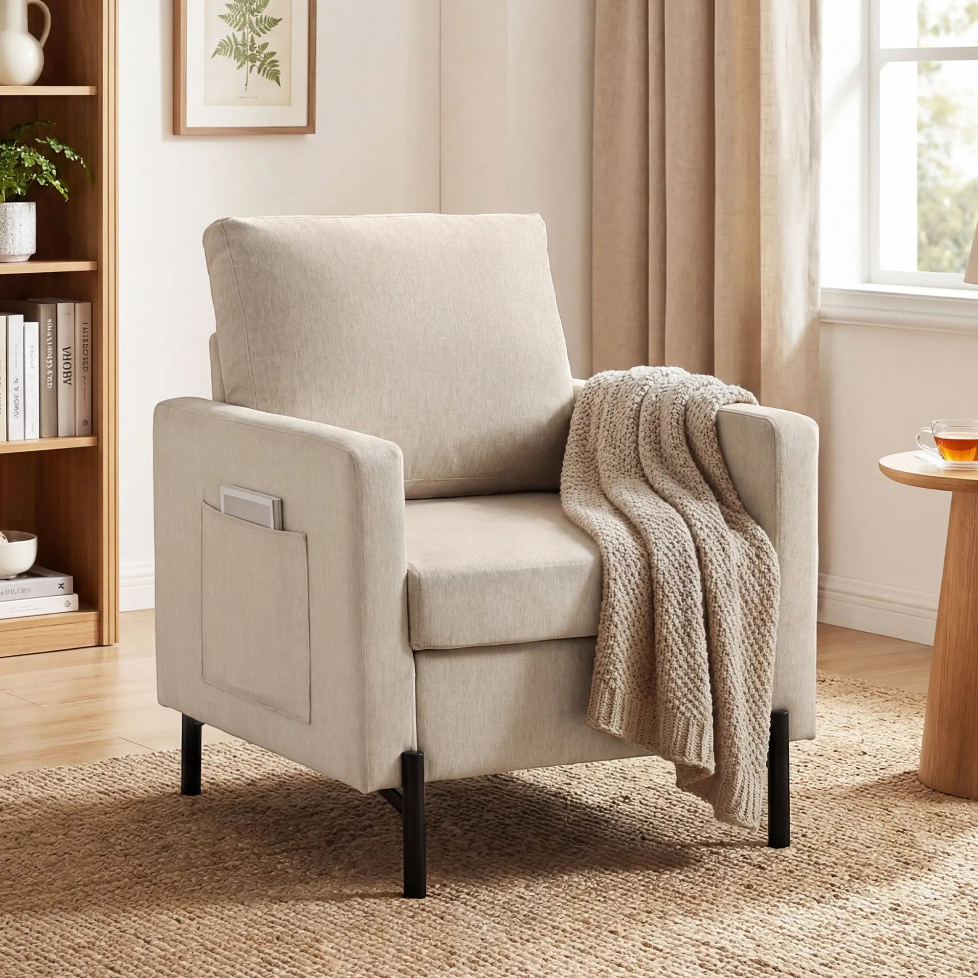 Modern Upholstered Armchair With Side Pockets, Cushion, Beige Accent Chairs at Gallery Canada