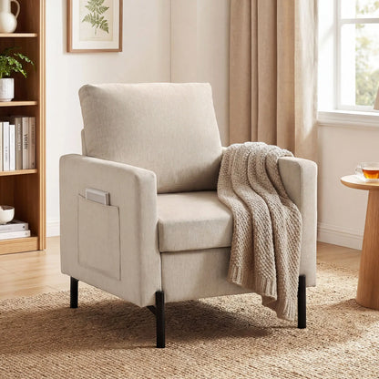 Modern Upholstered Armchair With Side Pockets, Cushion, Beige Accent Chairs at Gallery Canada