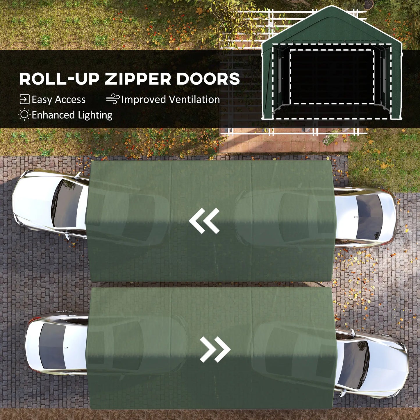 12 x 20ft Abri d'auto, 2 Portes enroulables, 4 Fenêtres, Vert foncé