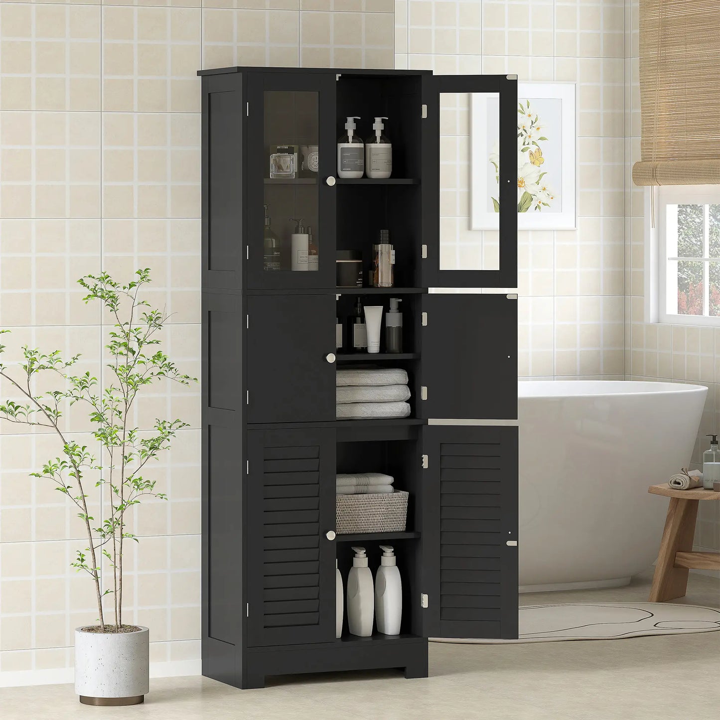 Freestanding Bathroom Cabinet, Glass Louvred Doors, Tall, Black Bathroom Cabinets at Gallery Canada