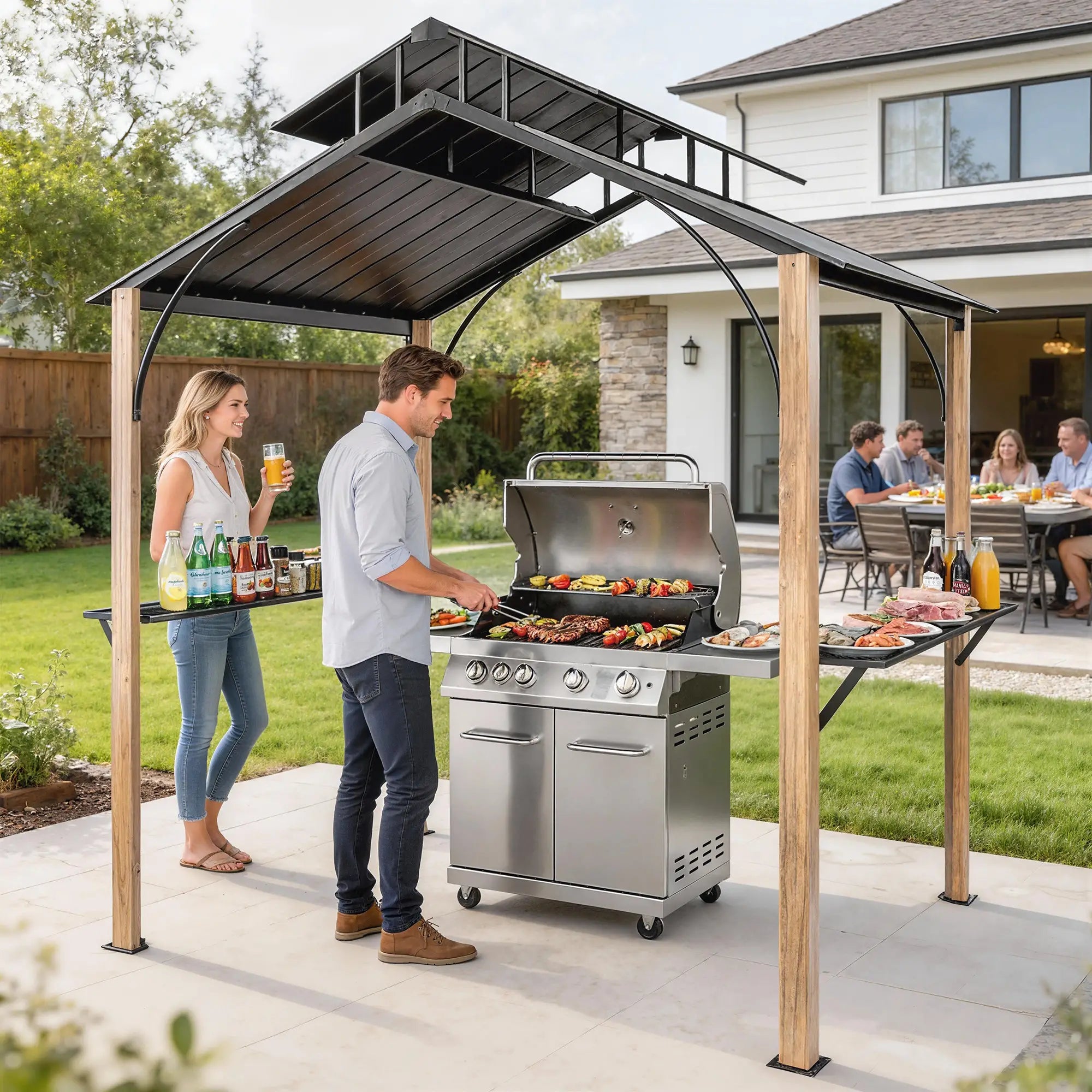8 x 6ft Hardtop Grill Gazebo, Metal Double Roof, Wood-Grain Aluminum Frame BBQ Grill Gazebos at Gallery Canada