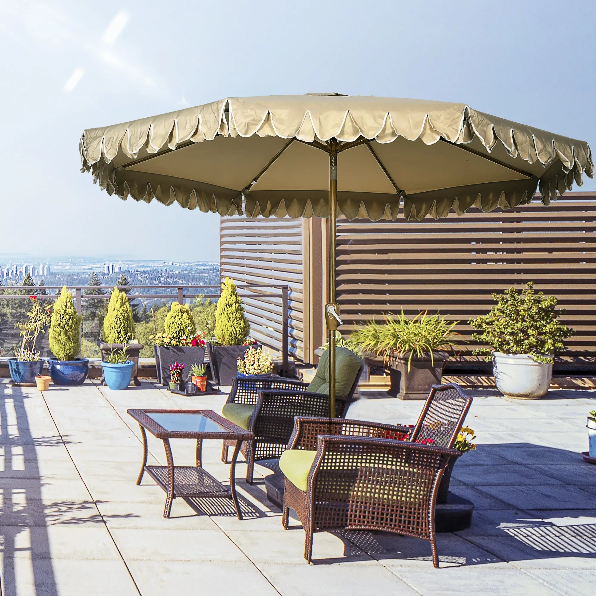 9 ft Outdoor Patio Umbrella, Push Button Tilt Crank, Khaki Patio Umbrellas at Gallery Canada