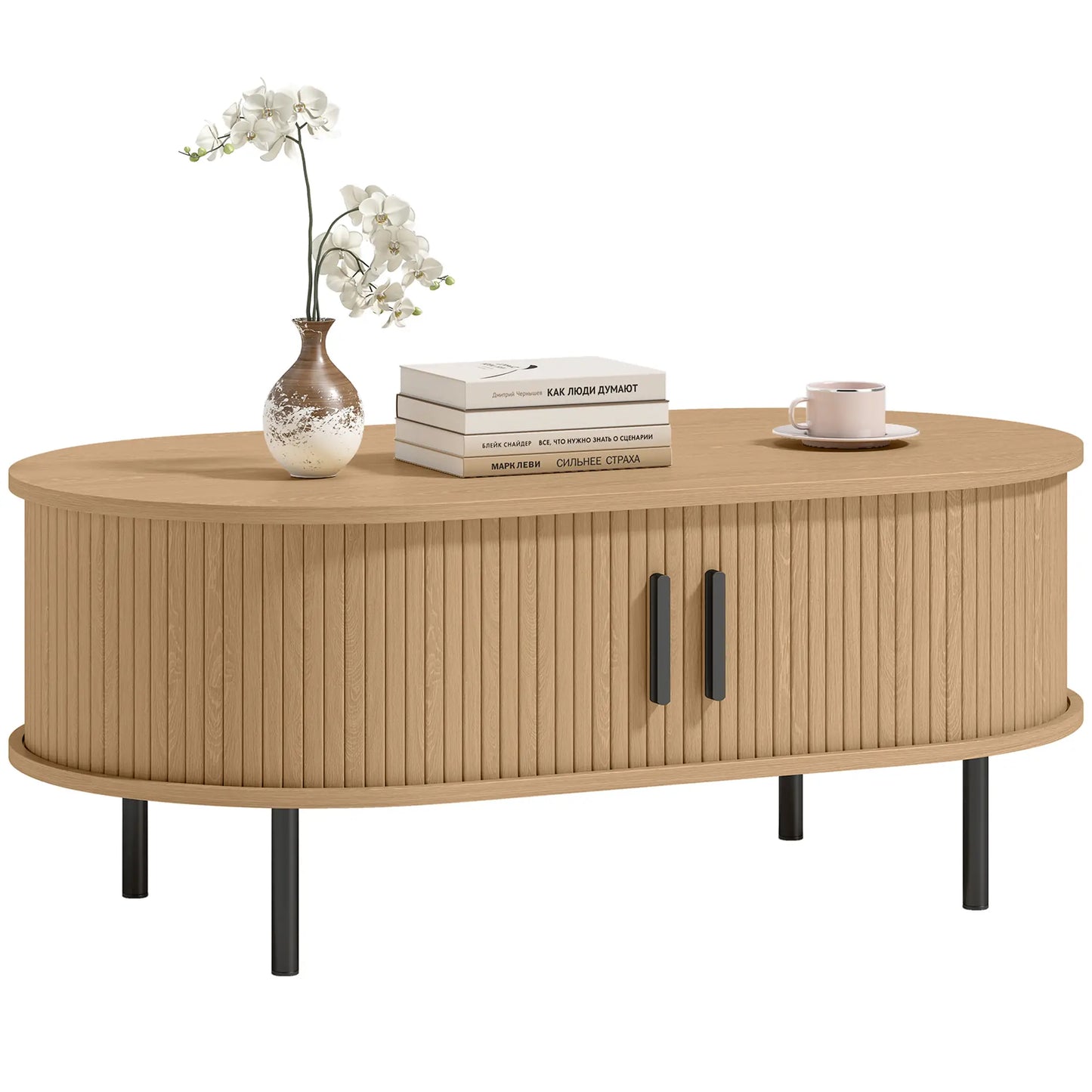 Coffee Table with Sliding Tambour Doors and Storage Center Table with Metal Legs, 39", Natural