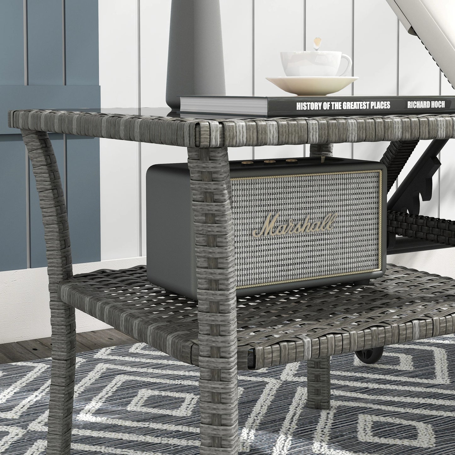 20" Patio Wicker Coffee Table, Outdoor PE Rattan Two-tier Side Table, Mixed Grey, Grey Patio Side Tables at Gallery Canada