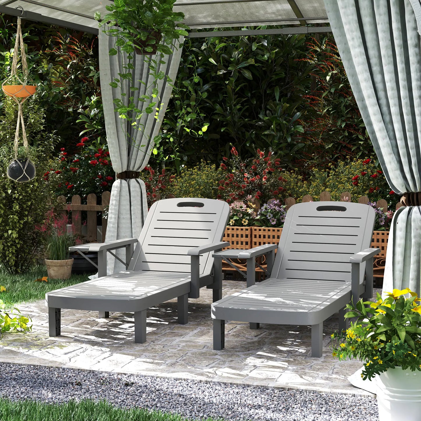 2 Tanning Chairs, 5 Position Adjustable, Foldable Side Table, Dark Grey Lounger Chairs at Gallery Canada