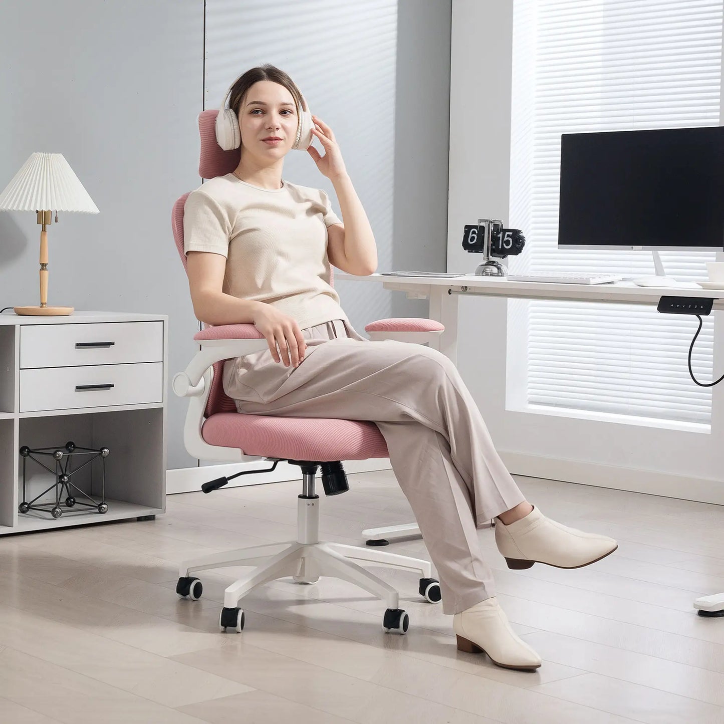 Mesh Office Chair, Adjustable Headrest, 4D Lumbar Support, Flip-Up Arm, Pink Office Chairs at Gallery Canada