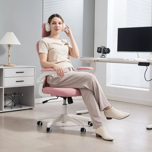 Mesh Office Chair, Adjustable Headrest, 4D Lumbar Support, Flip-Up Arm, Pink