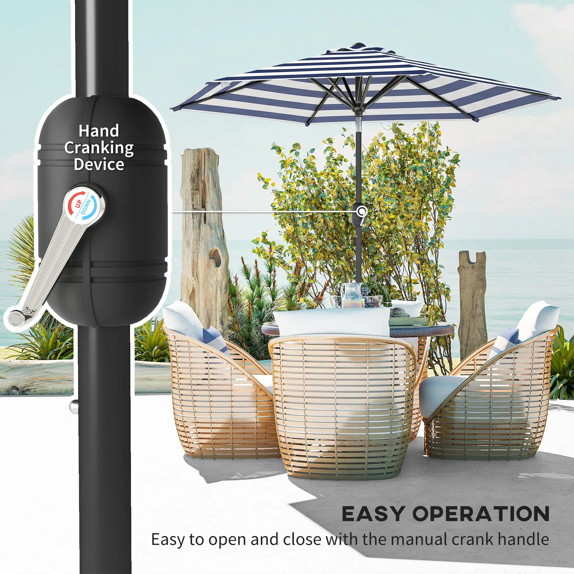 Outdoor Patio Sun Umbrella, 6 Ribs, Stripes, Blue Patio Umbrellas at Gallery Canada