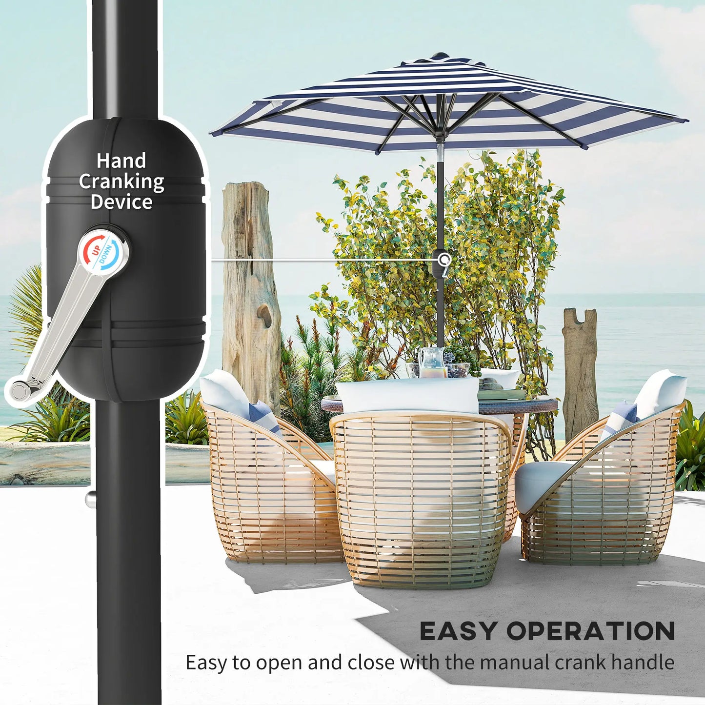 Outdoor Patio Sun Umbrella, 6 Ribs, Stripes, Blue Patio Umbrellas at Gallery Canada