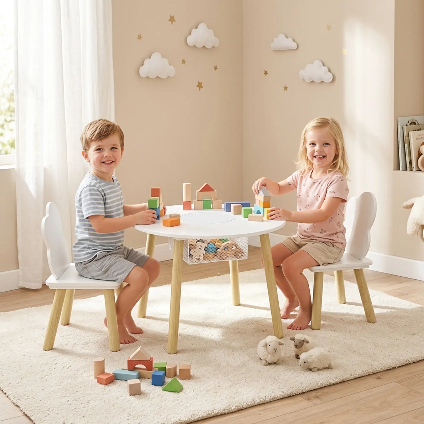 Kids Table and Chairs Set With Storage, White