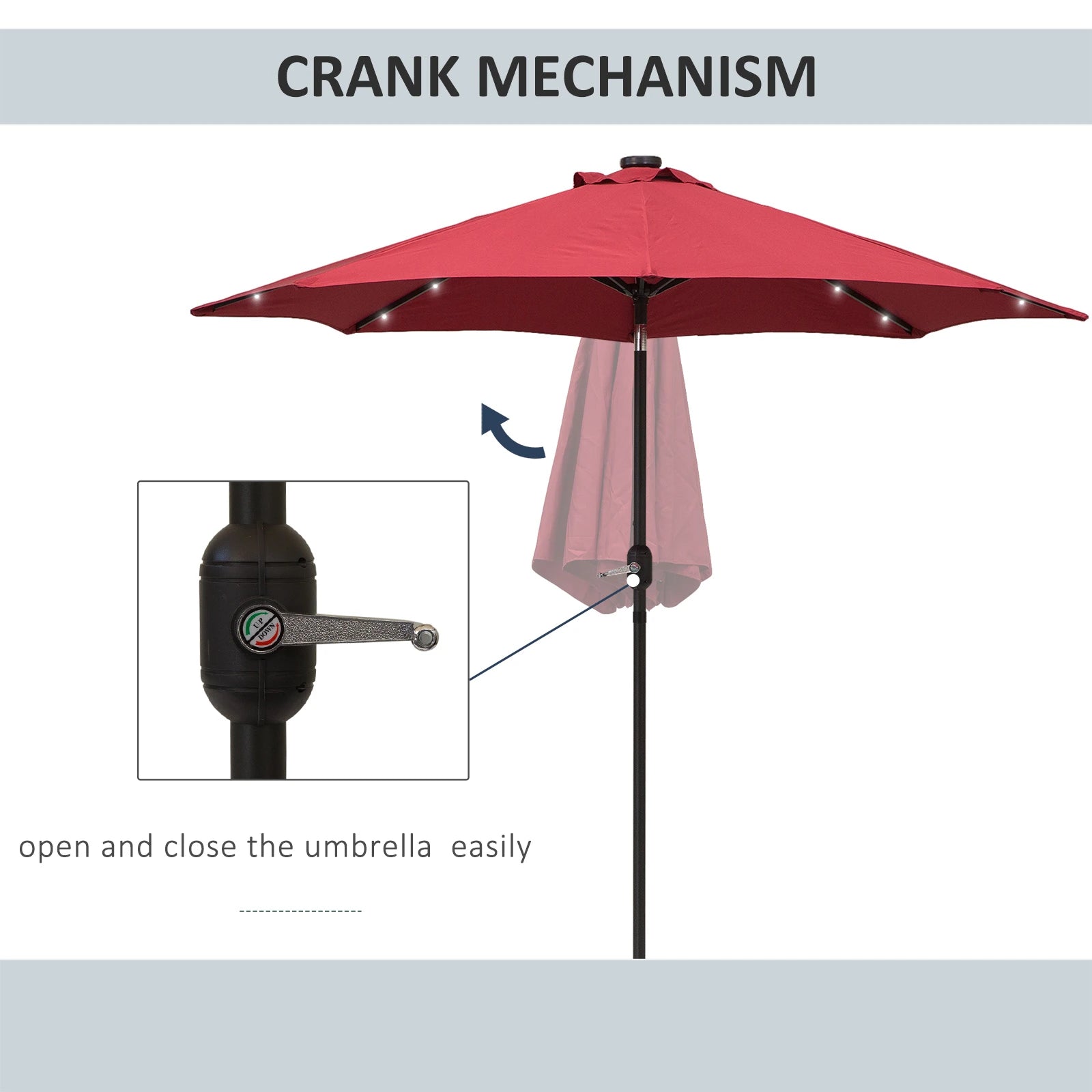9ft Solar Patio Umbrella, 24 LED Lights, Tilt Canopy, Wine Red Sun Umbrellas at Gallery Canada