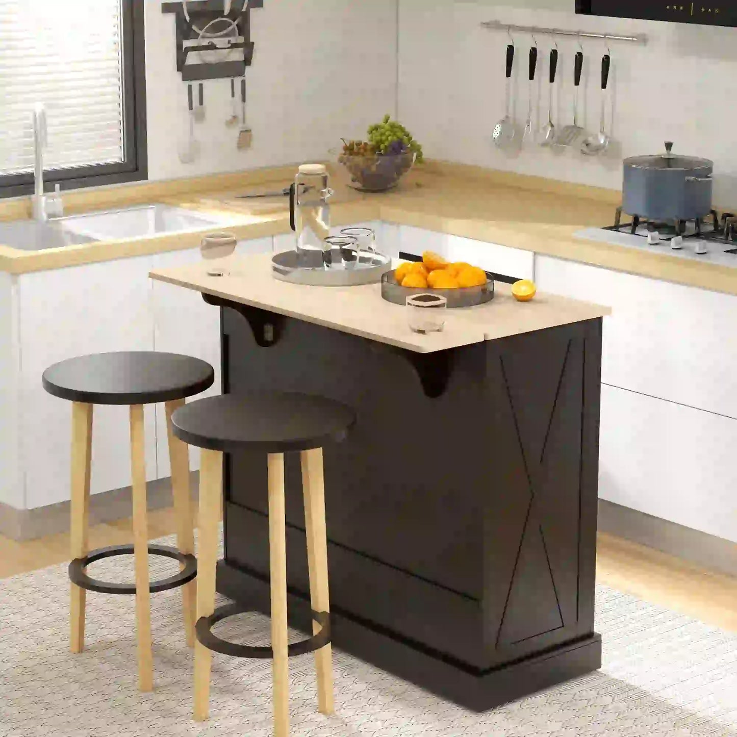 Kitchen Island with Drop Leaf, 2 Drawers, Adjustable Shelves, Black Kitchen Islands & Kitchen Carts at Gallery Canada