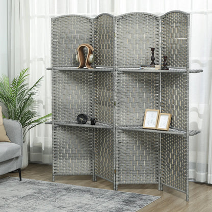 6 FT Privacy Screen, 4 Panel Room Divider With Shelves, Grey