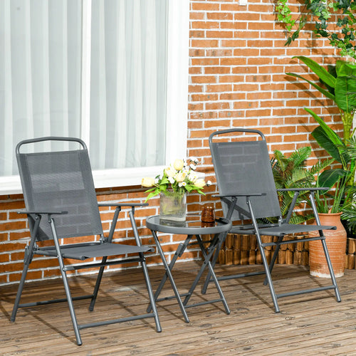3 Piece Bistro Set, Foldable Mesh Chairs, Glass Table, Charcoal Grey