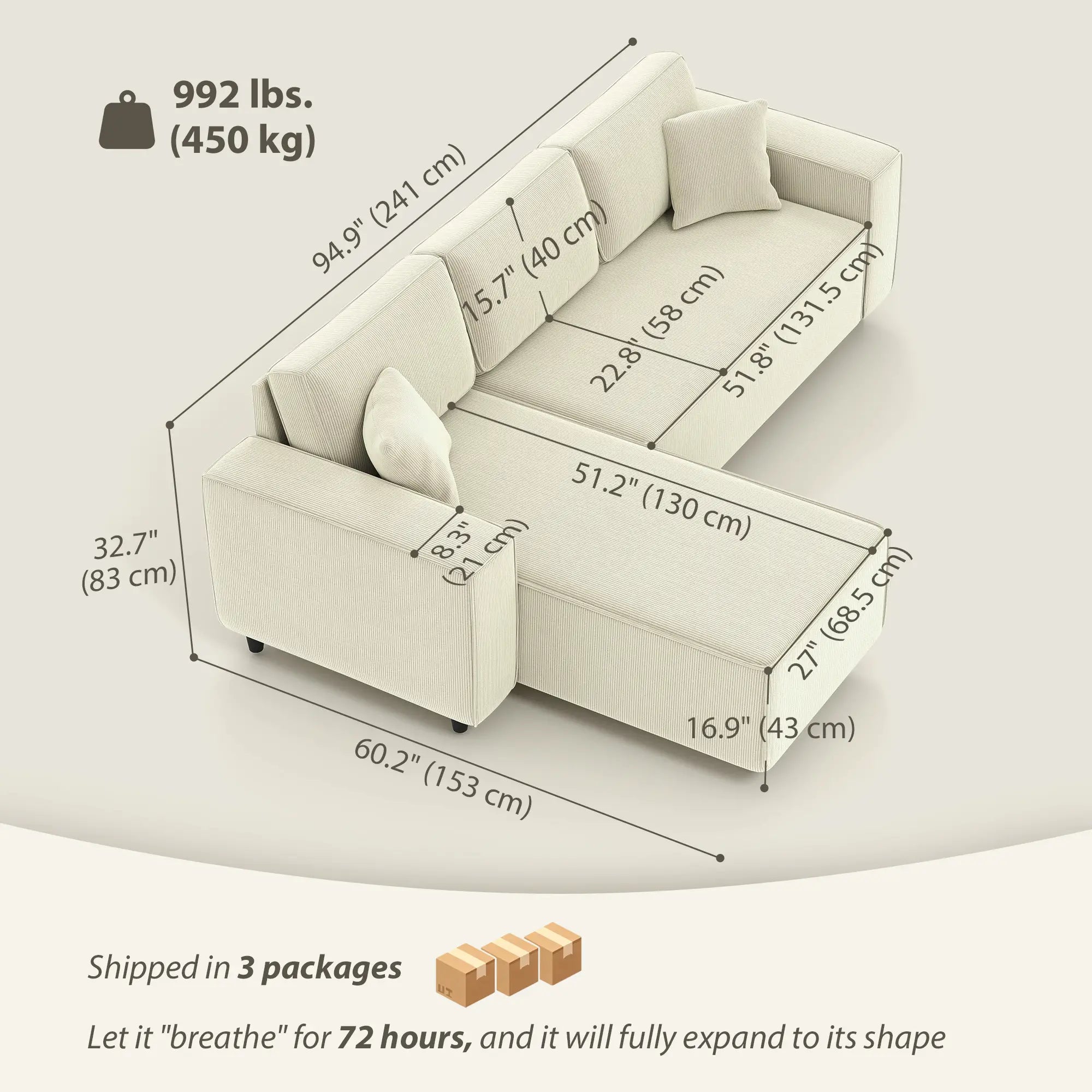 Corner Sofa, L-Shaped Sectional, Corduroy, Pocket Spring, Cream White Sofas & Reclining Chairs at Gallery Canada