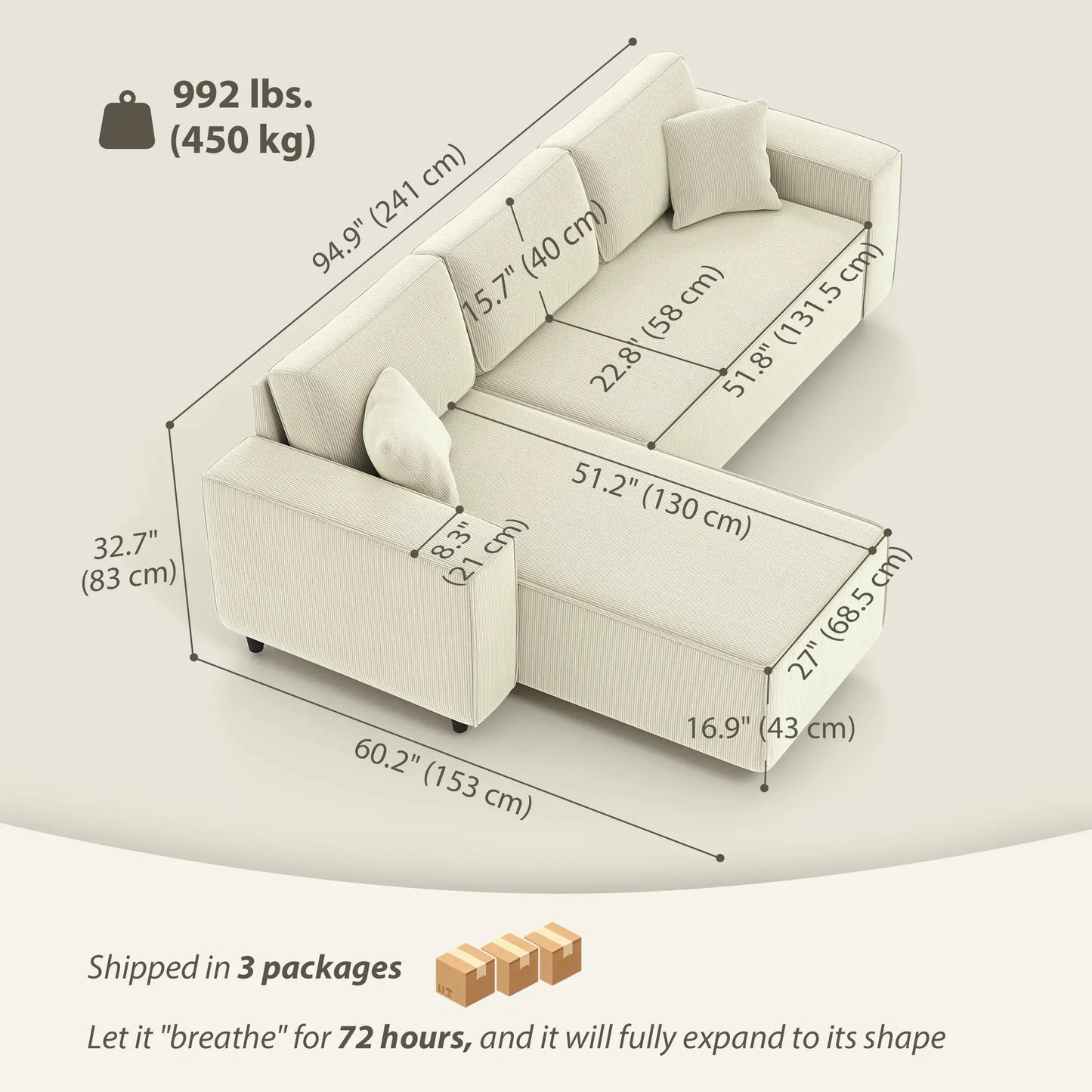 Corner Sofa, L-Shaped Sectional, Corduroy, Pocket Spring, Cream White Sofas & Reclining Chairs at Gallery Canada