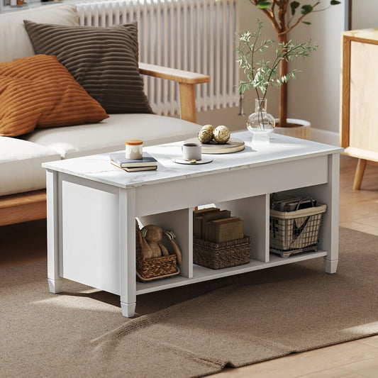 Lift Top Coffee Table, Storage Shelves, Hidden Compartment, 41" L, White
