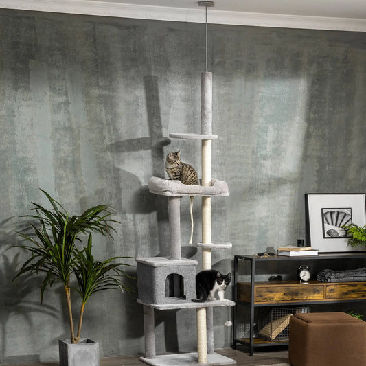 Adjustable Cat Tree, 85-101 Inches, Climbing Center with Scratching Posts, Grey Floor to Ceiling Cat Trees Grey at Gallery Canada