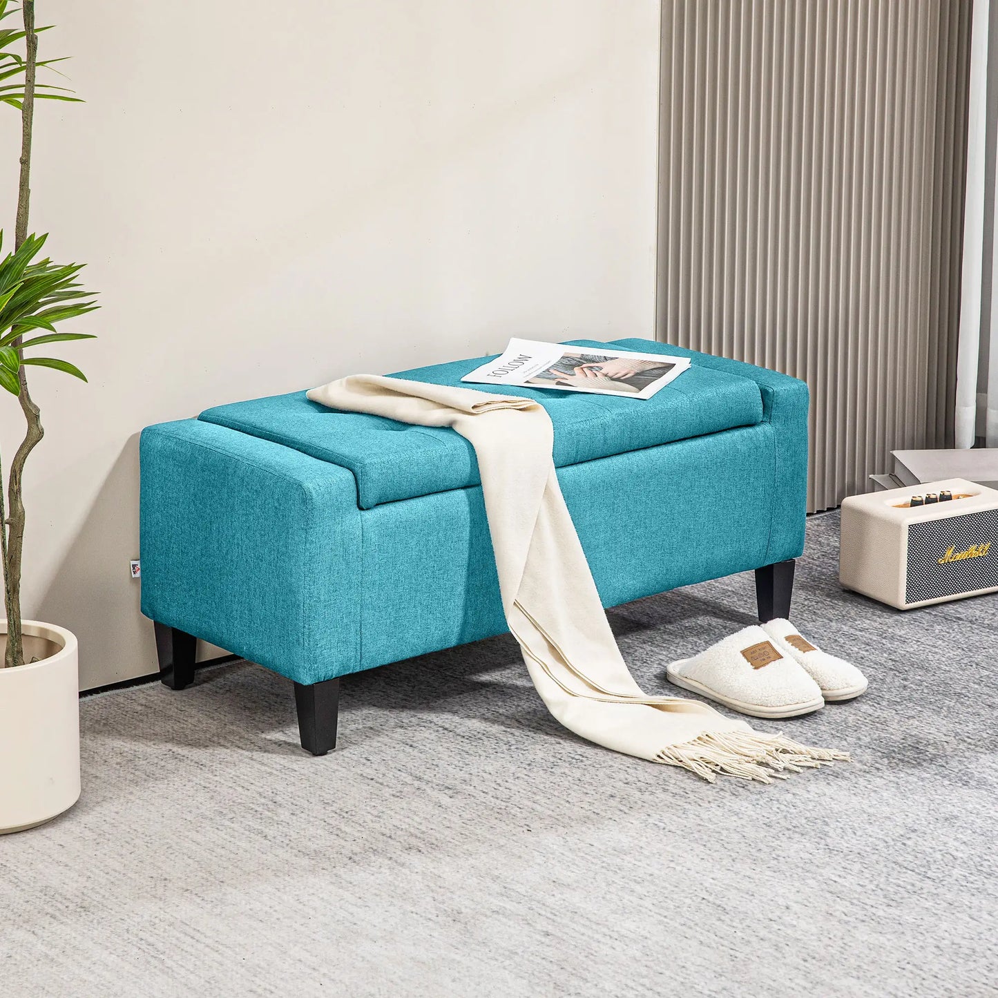 Linen Upholstered Storage Ottoman Bench, Tufted Design, Green Storage Ottomans & Benches at Gallery Canada