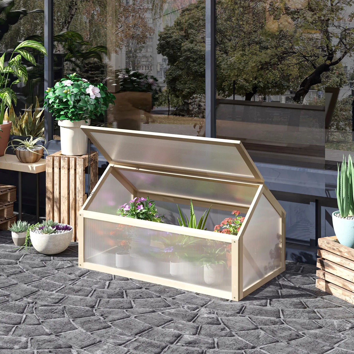 Wooden Cold Frame Greenhouse, Portable Raised Planter, Openable Top, 35.5" x 20.5" x 19.5", Natural Wood Raised Garden Beds at Gallery Canada