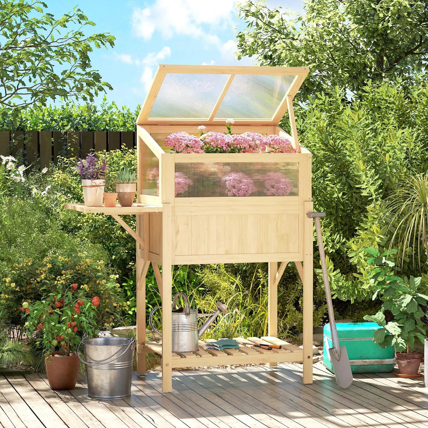 Raised Garden Bed Planter With Cold Frame, Wooden Elevated Planter Box With Folding Side Table And Shelf, Natural Wood Elevated Garden Beds at Gallery Canada