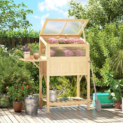 Raised Garden Bed Planter With Cold Frame, Wooden Elevated Planter Box With Folding Side Table And Shelf, Natural Wood Elevated Garden Beds at Gallery Canada