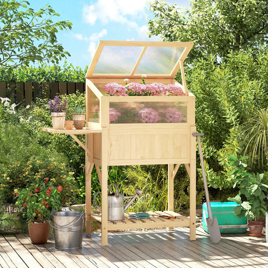Raised Garden Bed Planter With Cold Frame, Wooden Elevated Planter Box With Folding Side Table And Shelf, Natural Wood Elevated Garden Beds at Gallery Canada