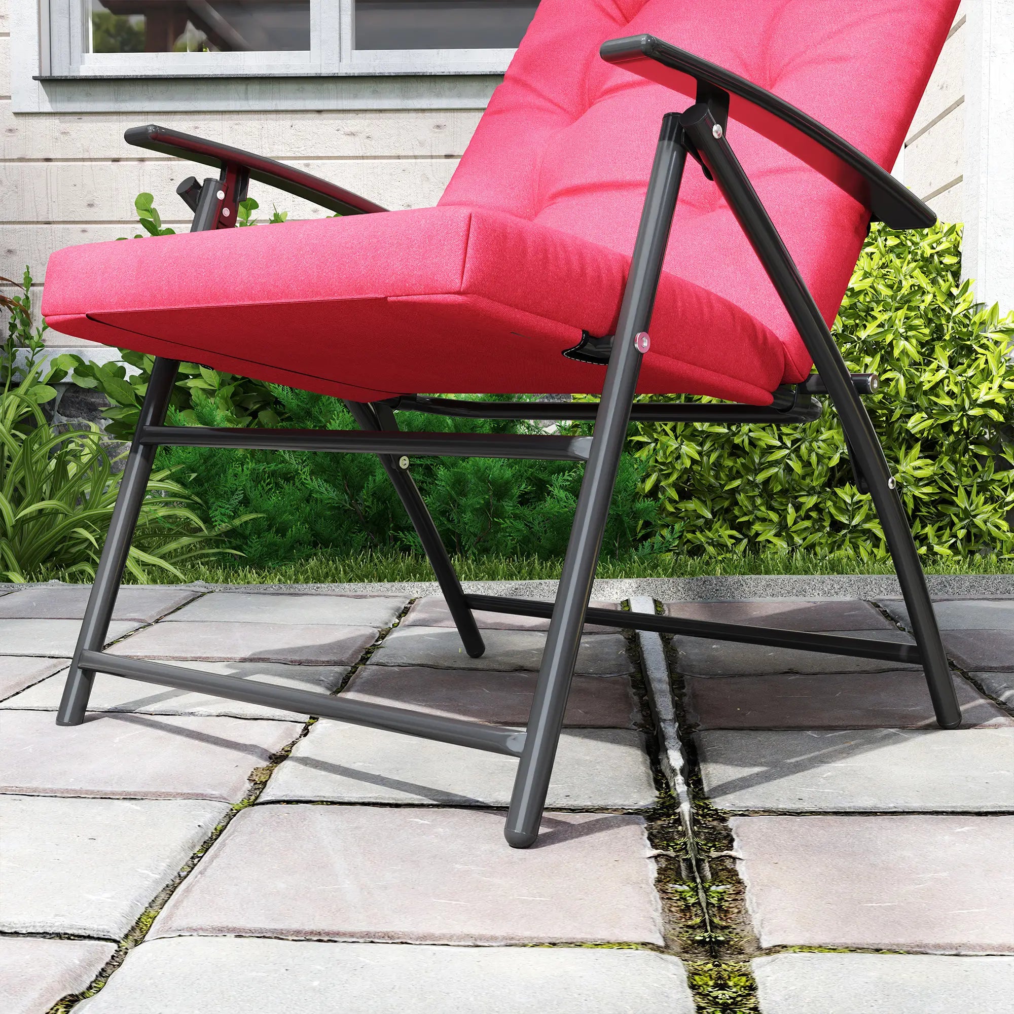 Foldable Lounge Chair, Fabric Recliner, Outdoor Lounger with Armrest, Metal Frame, Red Patio Chairs at Gallery Canada