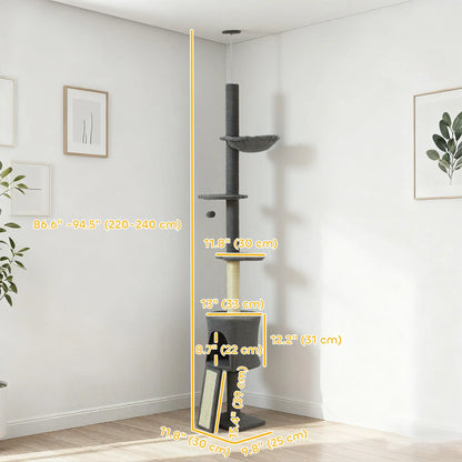 87"-94.5" Floor to Ceiling Cat Tree with Sisal Scratching Post, Condo, Hammock, Ramp, Perches, Dark Grey Floor to Ceiling Cat Trees at Gallery Canada