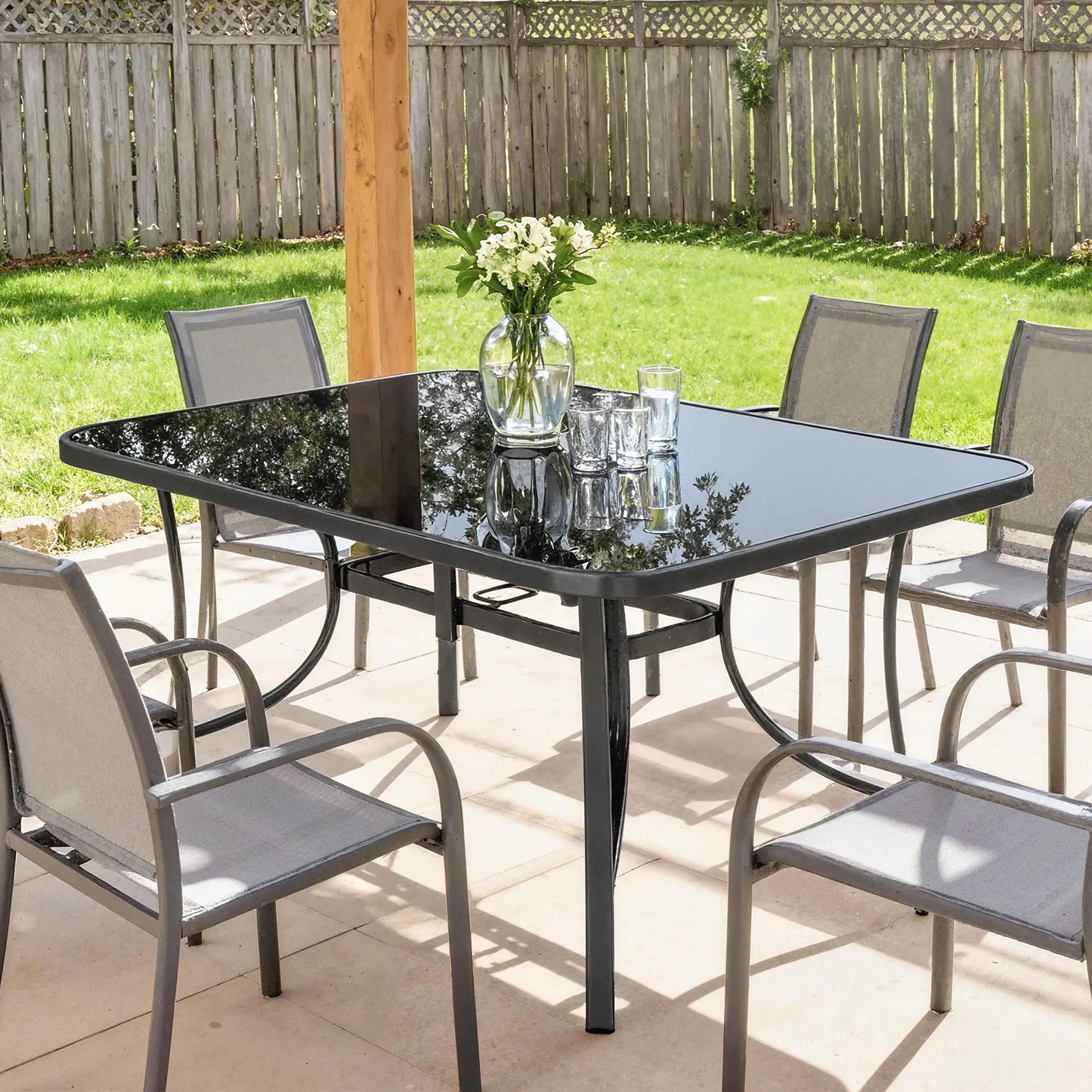 Outdoor Dining Table For 6, Metal Patio Table With Tempered Glass Top