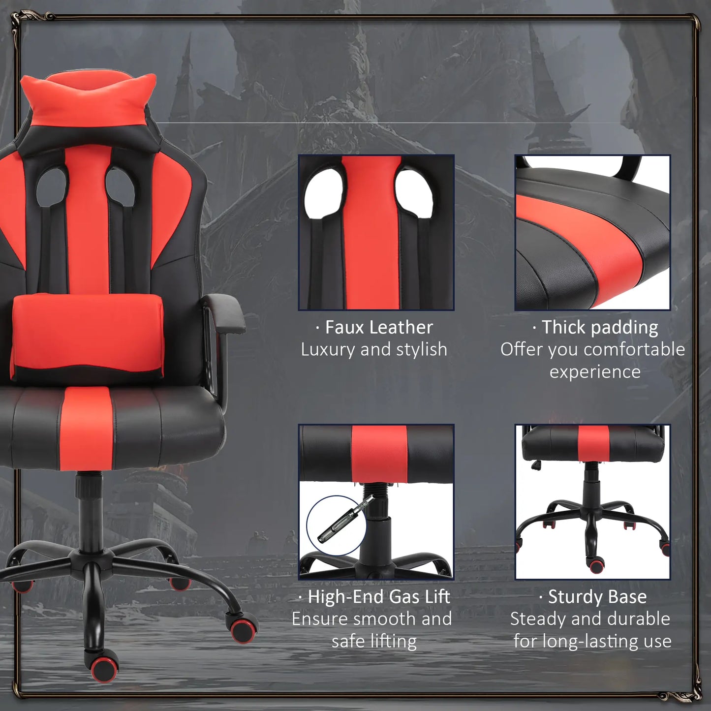 High Back Racing Style Gaming Chair, Adjustable PU Leather, Lumbar Support, Red Video Game Chairs at Gallery Canada