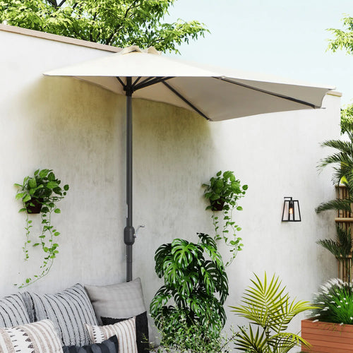 9.8ft Half Umbrella, Semi Round Patio Parasol, Crank Handle, Top Vent, Cream