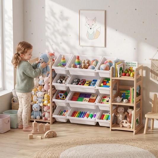 Qaba 3-in-1 Wooden Toy Storage Organizer with Stuffed Animal Storage, Bookshelf, 12 Bins for Bedroom, Playroom, Nursery Baby & Kids Storage Multi Colour at Gallery Canada